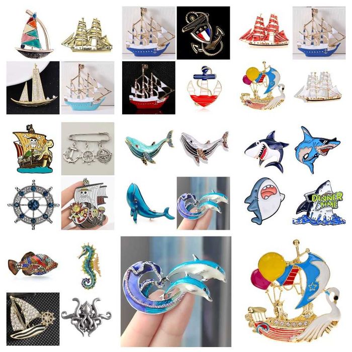 Значки-броши на морскую тему. Корабли. Якоря. Киты. Акулы. Дельфины