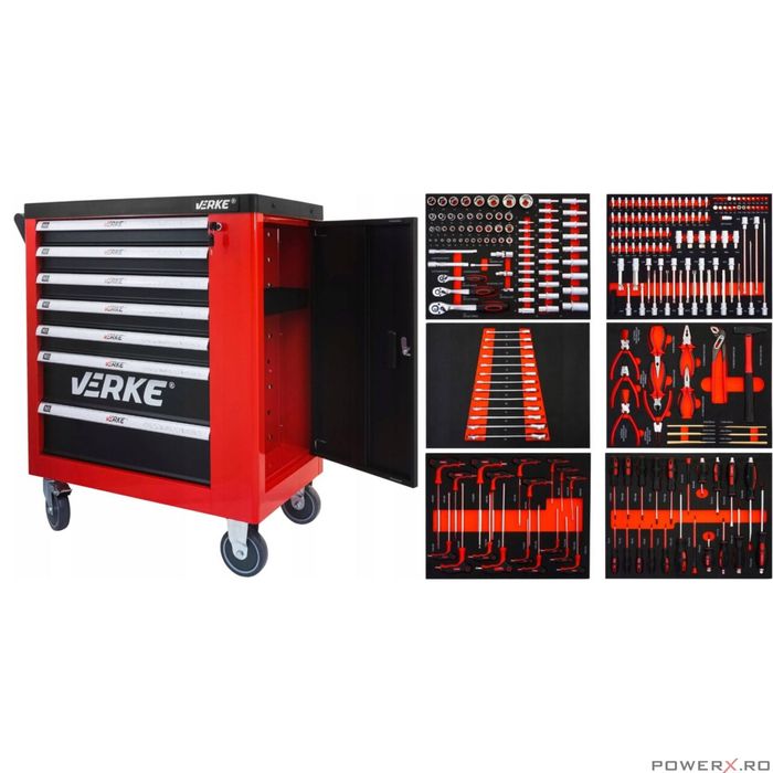 Dulap de scule cu 7 sertare echipat, 250 piese Verke