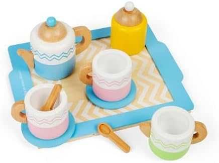 Нов Дървен комплект за чай с поднос 10 части играчка за деца 18 месеца