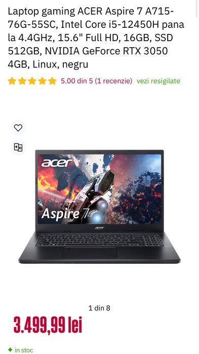 Laptop ACER Aspire 7 I5-12450H GeForce RTX 3050 4gb,16gb RAM DDR4