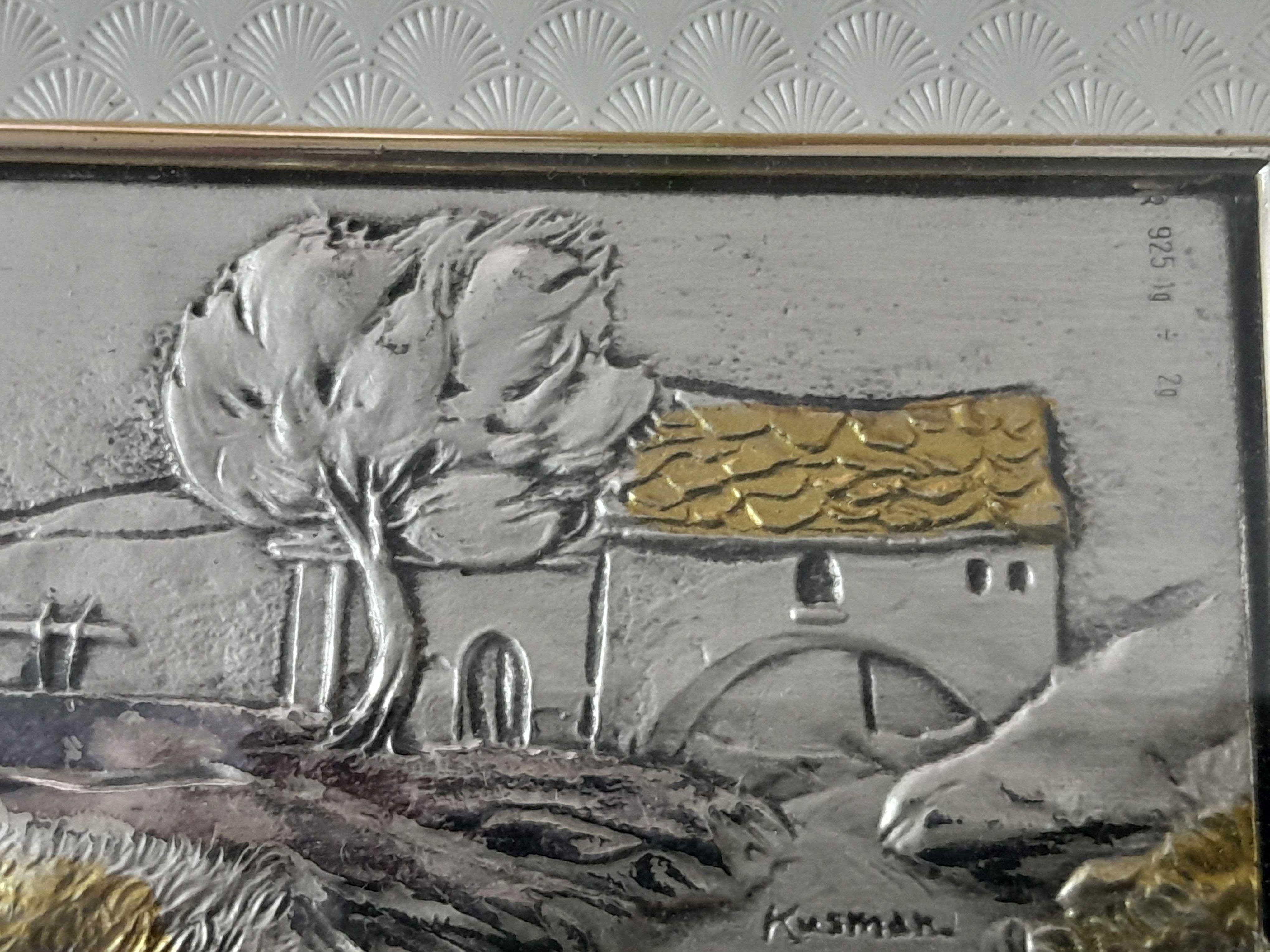 Tablou pictat foiță argint 925 marcat - 19 cm x 14,5 cm, semnat