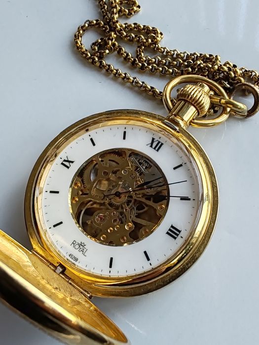 Ceas de buzunar Royal Skeleton  Placat cu aur 49 mm Funct. Impecabil!