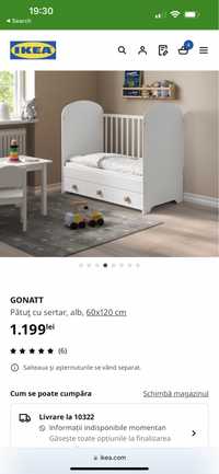 Set patut lemn Ikea cu sertar+ saltea+ bara protectie