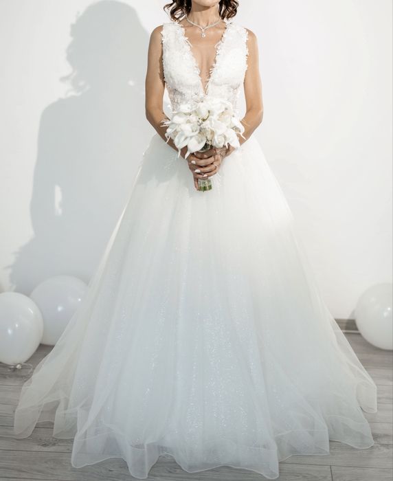 Rochie de mireasa alba, xxs/xs, corset , crinolina 3 cercuri, CA NOUA