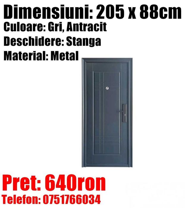 Usa Intrare Metalica Stanga Apartament  GRI 205x88cm + LivrGrat! BV