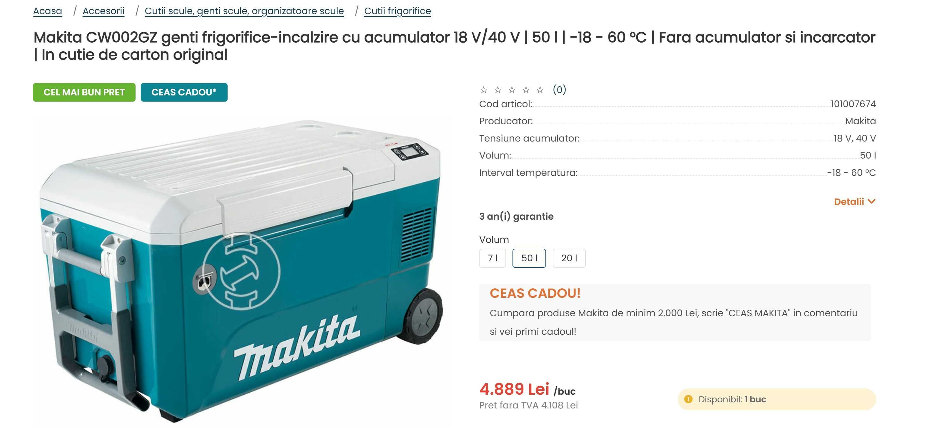 Congelator mobil Makita 50 litri + 2 acumulatori si incarcator dublu