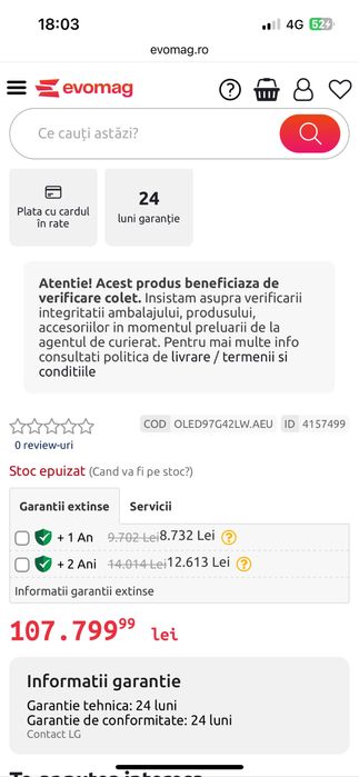 LG Oled Evo 97G4 245 cm 4K 120hz varf de gama nou