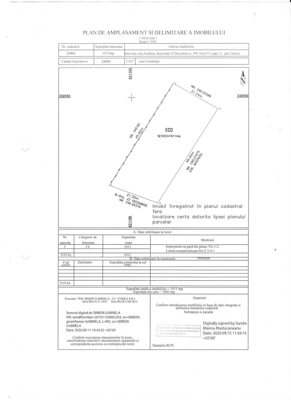 Teren intravilan 1000 mp cu acces din DN3 Fundulea -deschidere 21 ml