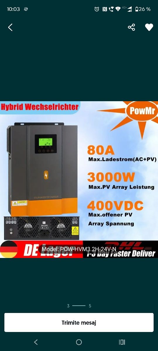 Vând invertor offgrid 3,2kw Powmr 24v
