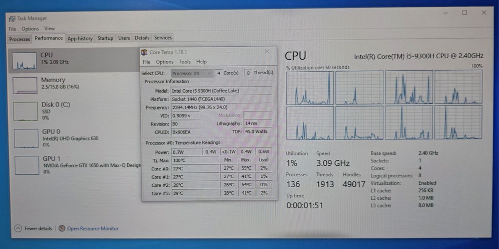 Placa baza laptop MSI GF63 i5 9300H 4.1GHz 8CPUs 16GB RAM GTX 1650