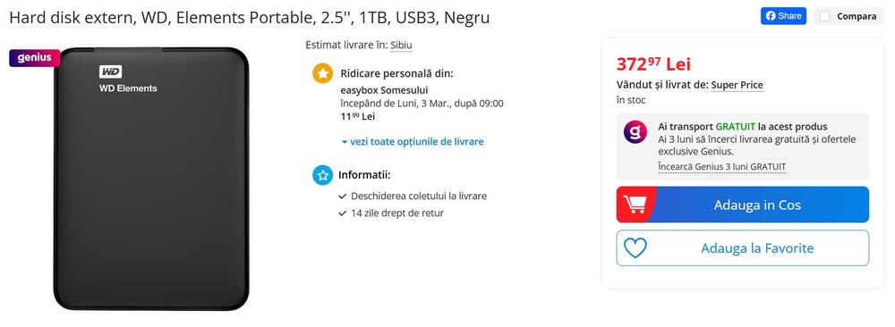 Hard Disk Extern Western Digital Elements 1TB USB 3.0