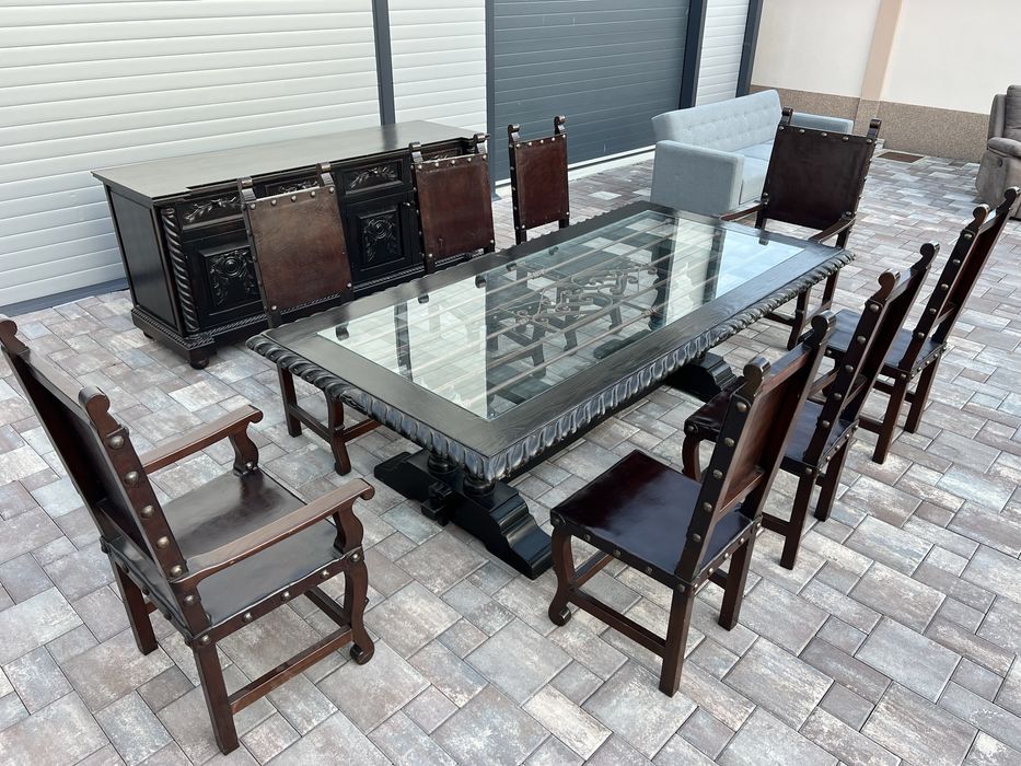 Set Masa Lemn Masiv + 8 Scaune + Servanta Stil Colonial Antic Baroc