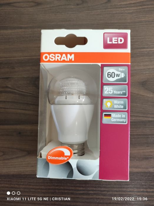 Bec LED Osram 9W=60W, lumina calda