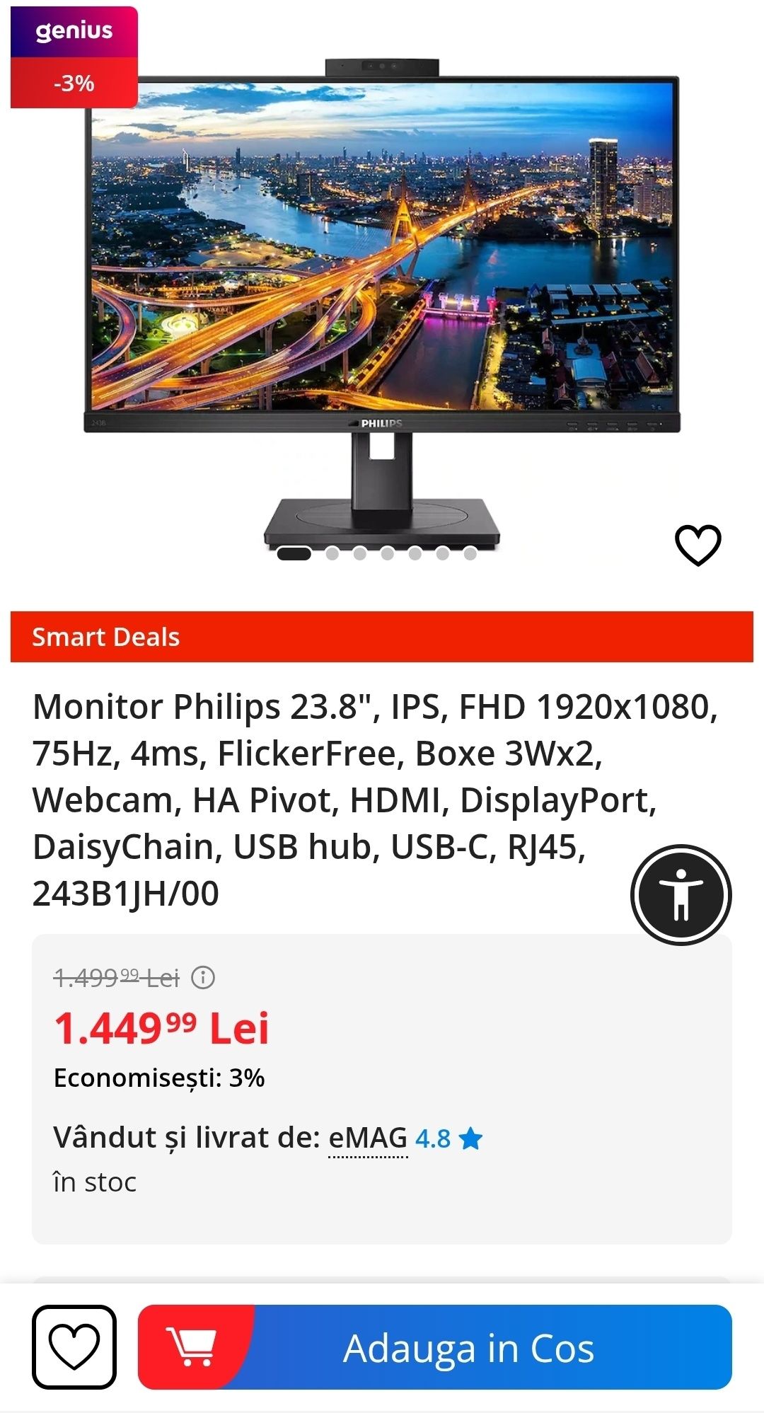 Monitor Philips 23.8", IPS, FHD 1920x1080, 75Hz