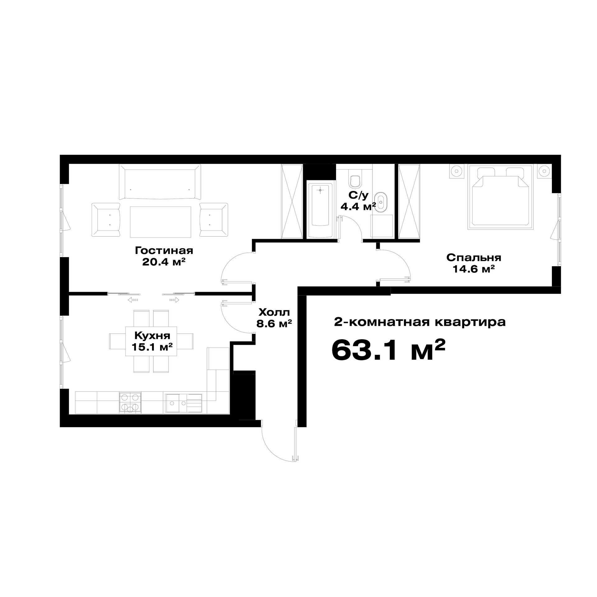 2-xonali xonadonlar | 2-комнатные квартиры ЖК O'z Mahal - Golden House