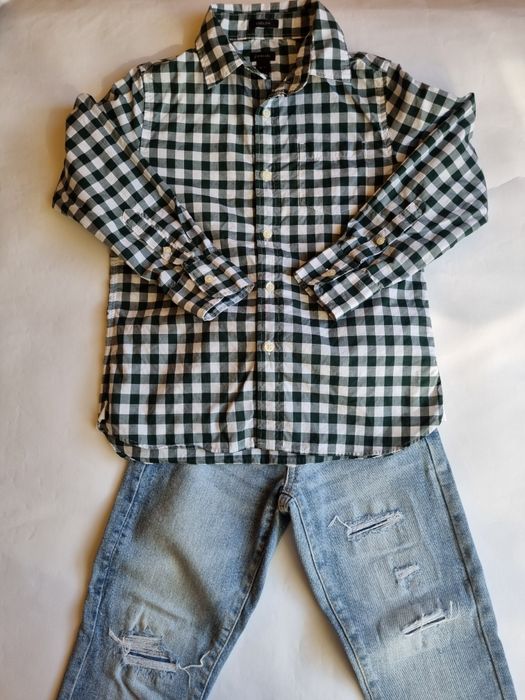 Свежа карирана риза в зелен нюанс и светло сини дънки Zara, 122 см.