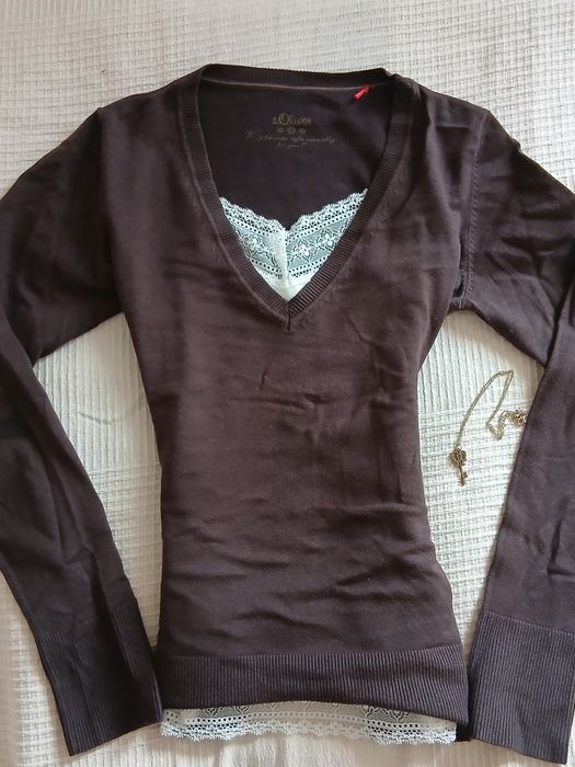 V neck кафяв Y2k пуловер