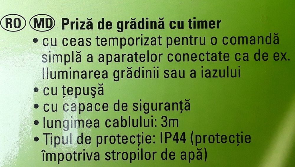 PRIZĂ cu timer pt Grădina, lungime 3 m, protectie IP44 - NOUA - 50 Lei