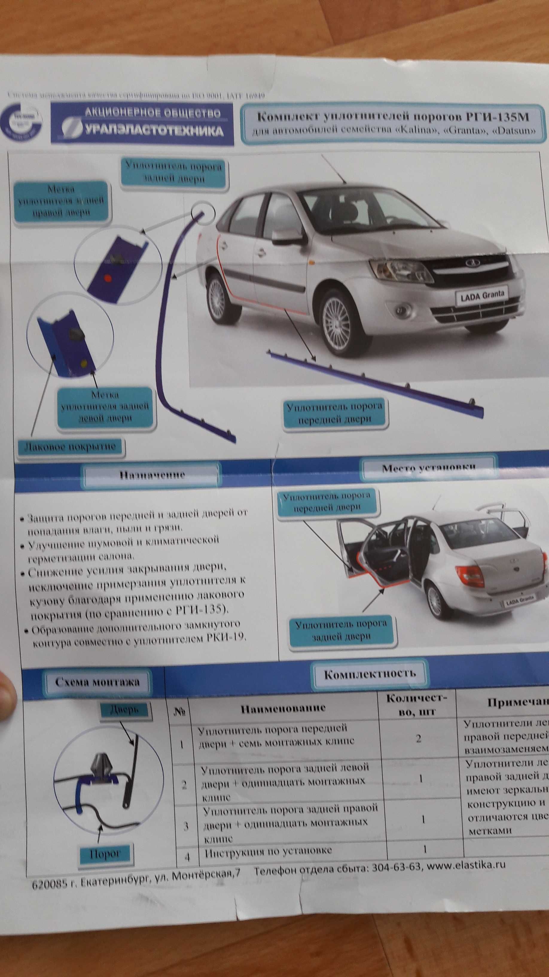 комплект уплотнителей порогов РГИ-135М Гранта Калина Датсун