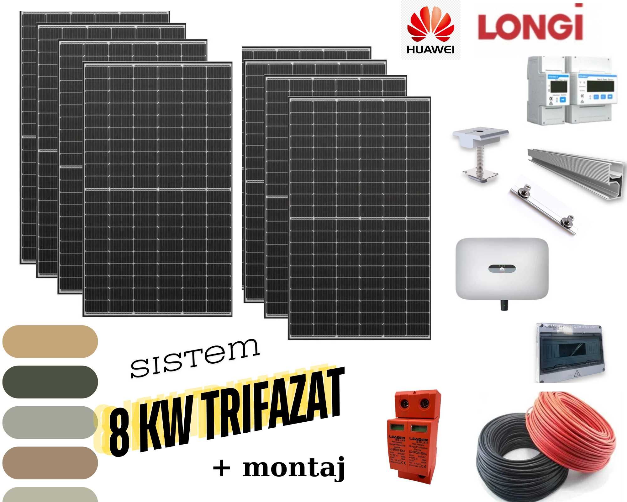 Sistem complet fotovoltaic 8 KW trifazat cu montaj gratuit