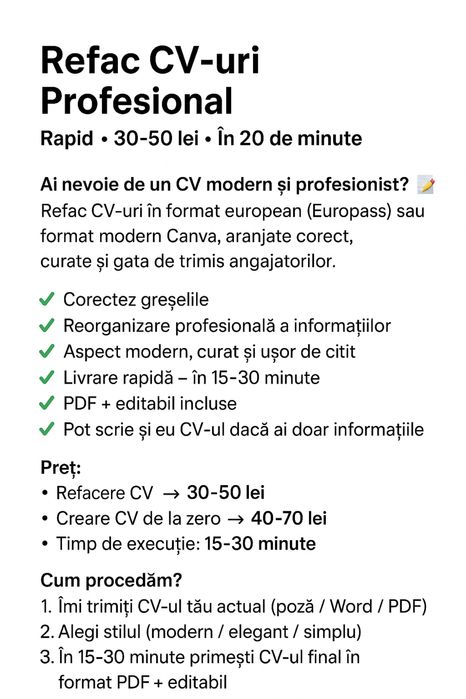 Refac CV-uri Profesional • Rapid • 30-50 lei • În 20 de minute