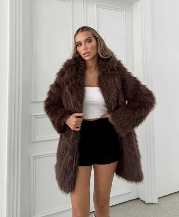 Дълго палто от изкуствена кожа - кафяво