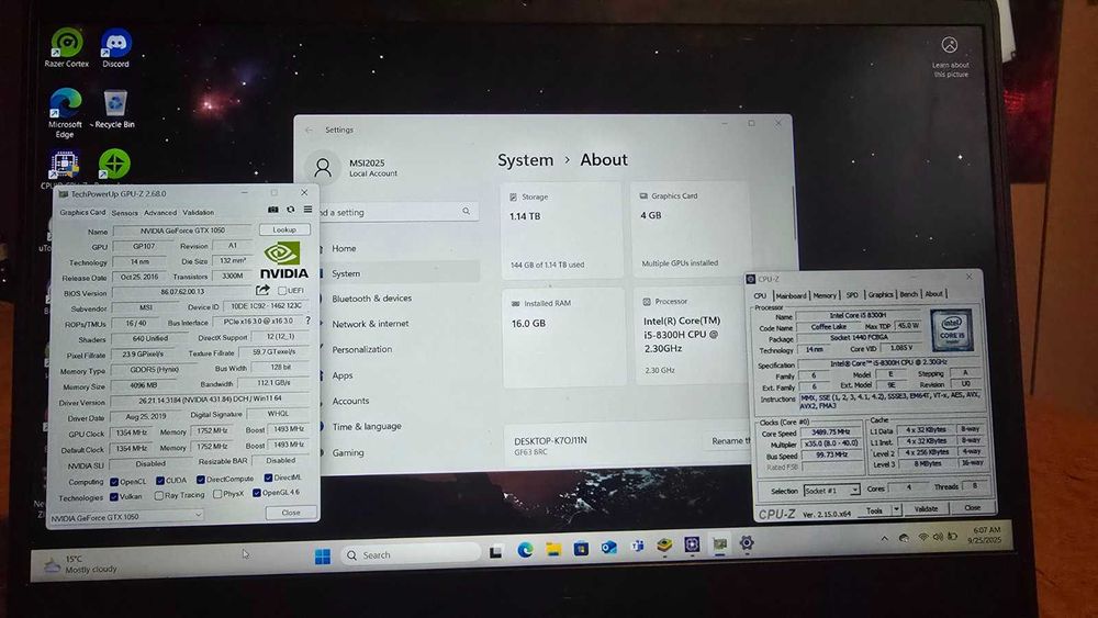 Лаптоп MSi i5-8300H CPU 2.30GHZ video NVIDIA GeForce GTX 1050