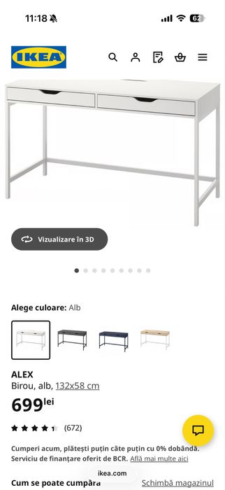 Birou alb Alex IKEA cu 2 sertare 132x58 cm