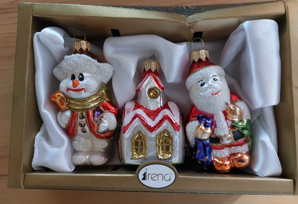 Ёлочные игрушки стекло. Набор Irena. Новый Год. Снеговик Дед мороз Дом