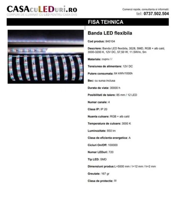 Banda LED flexibila, 3528, SMD, RGB + alb cald, 3000-3200, 11.5W/m, 5m