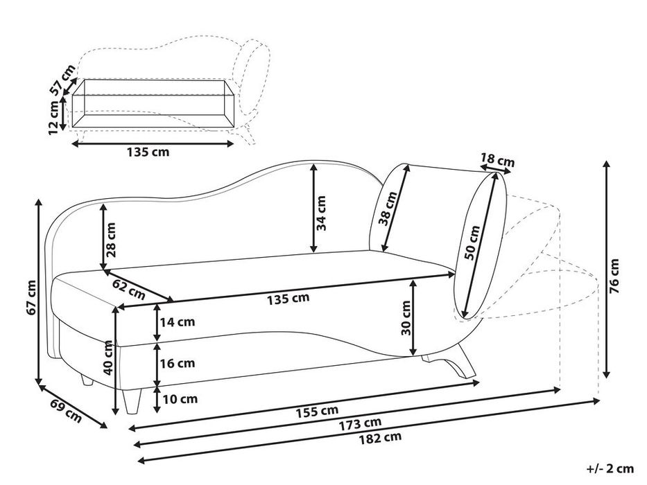 SS21! NOU Canapea tip șezlong MERI, catifea, dreapta, ladă depozitare
