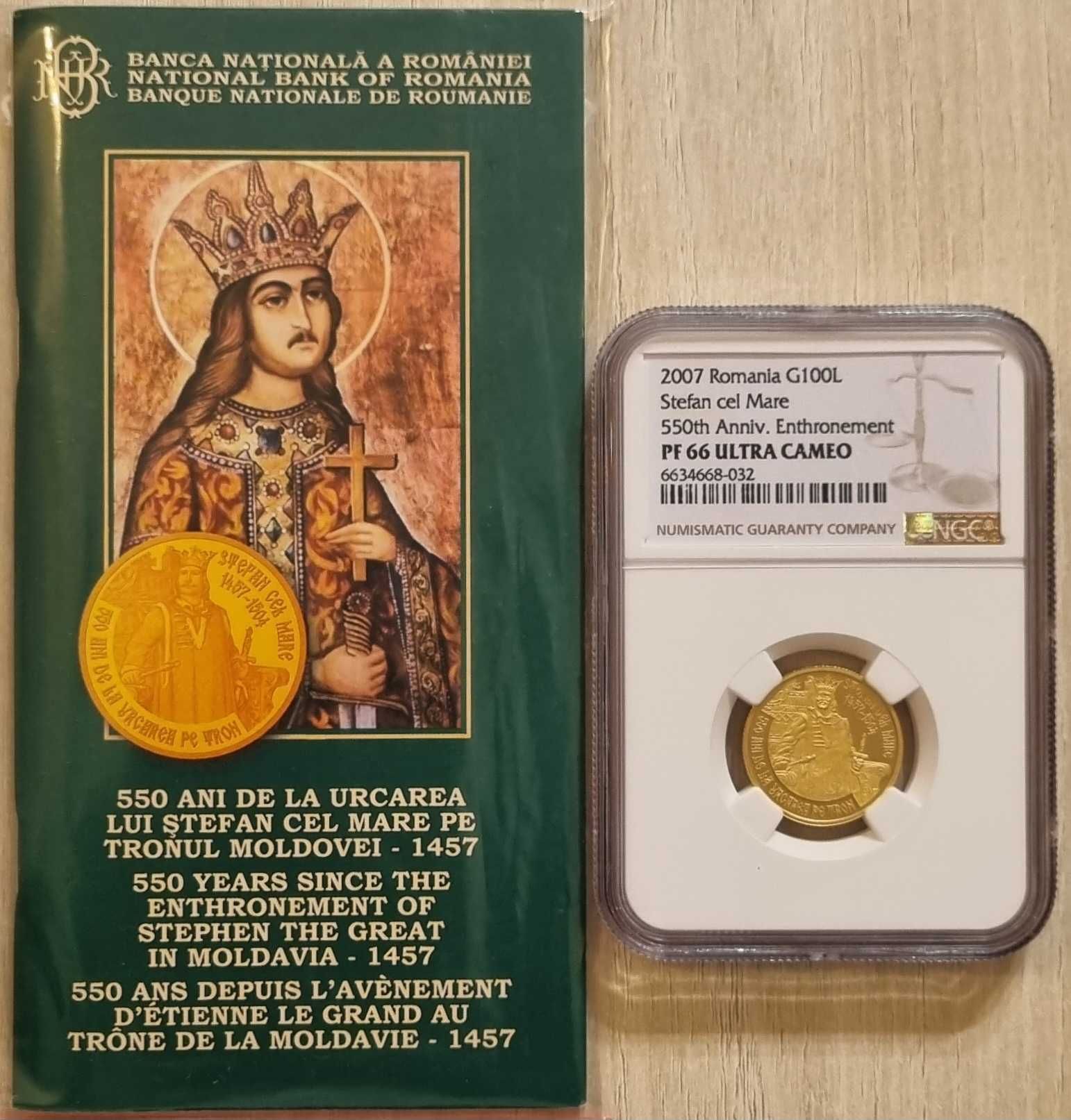 Moneda BNR 100 lei aur Stefan cel Mare gradata NGC PF 66 UC