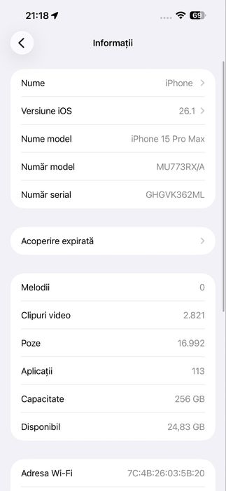 iPhone 15 PRO MAX 256GB FullBox ,liber de retea, baterie 85%,impecabil