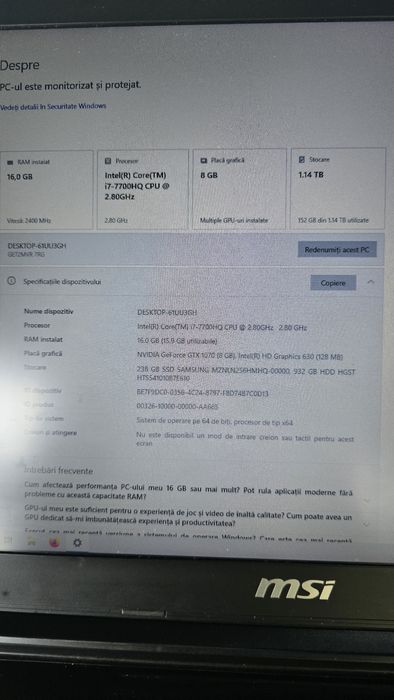 Laptop Gaming MSI GE72VR 7RG, i7-7700 diagonala 17 ,cpu HQ, GTX 1070 8