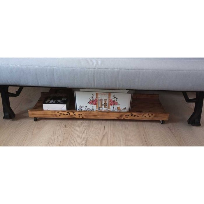 Suport depozitare sub pat din lem ars, cu roti pivotante, handmade