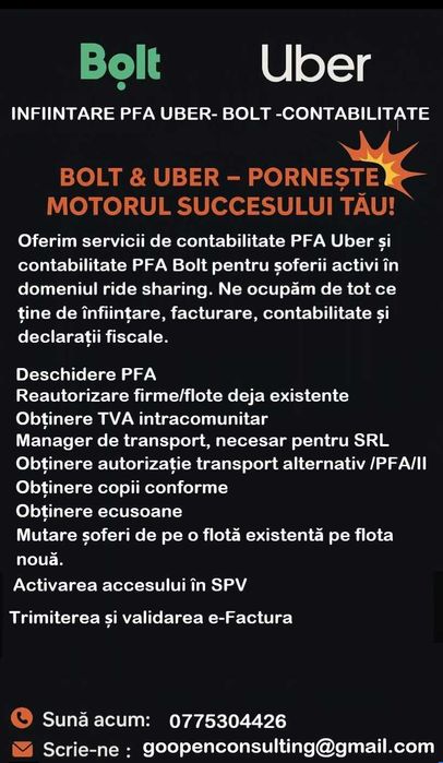 Contabilitate UBER BOLT/ ridesharing contabil