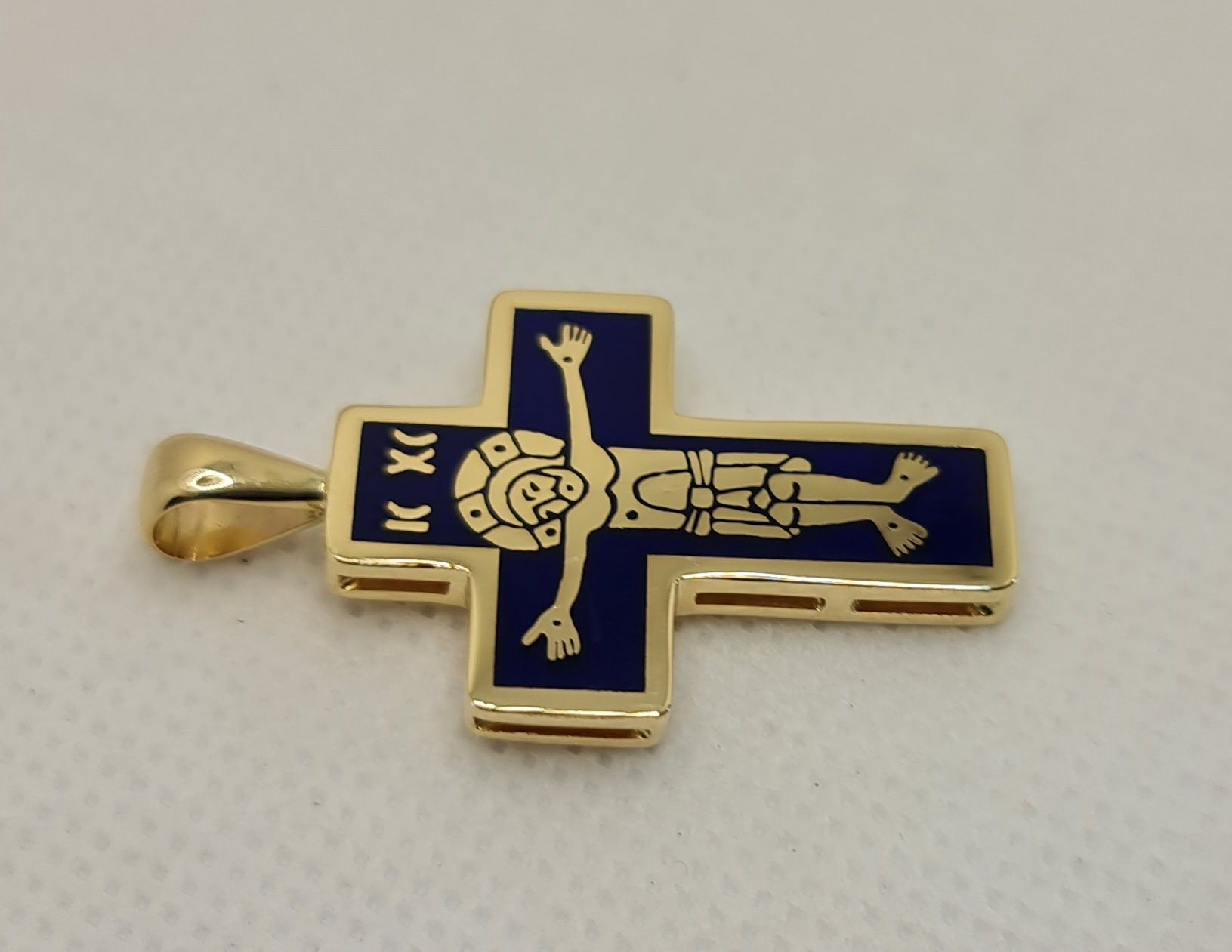 Cruce ortodoxă handmade aur galben 14k și email albastru