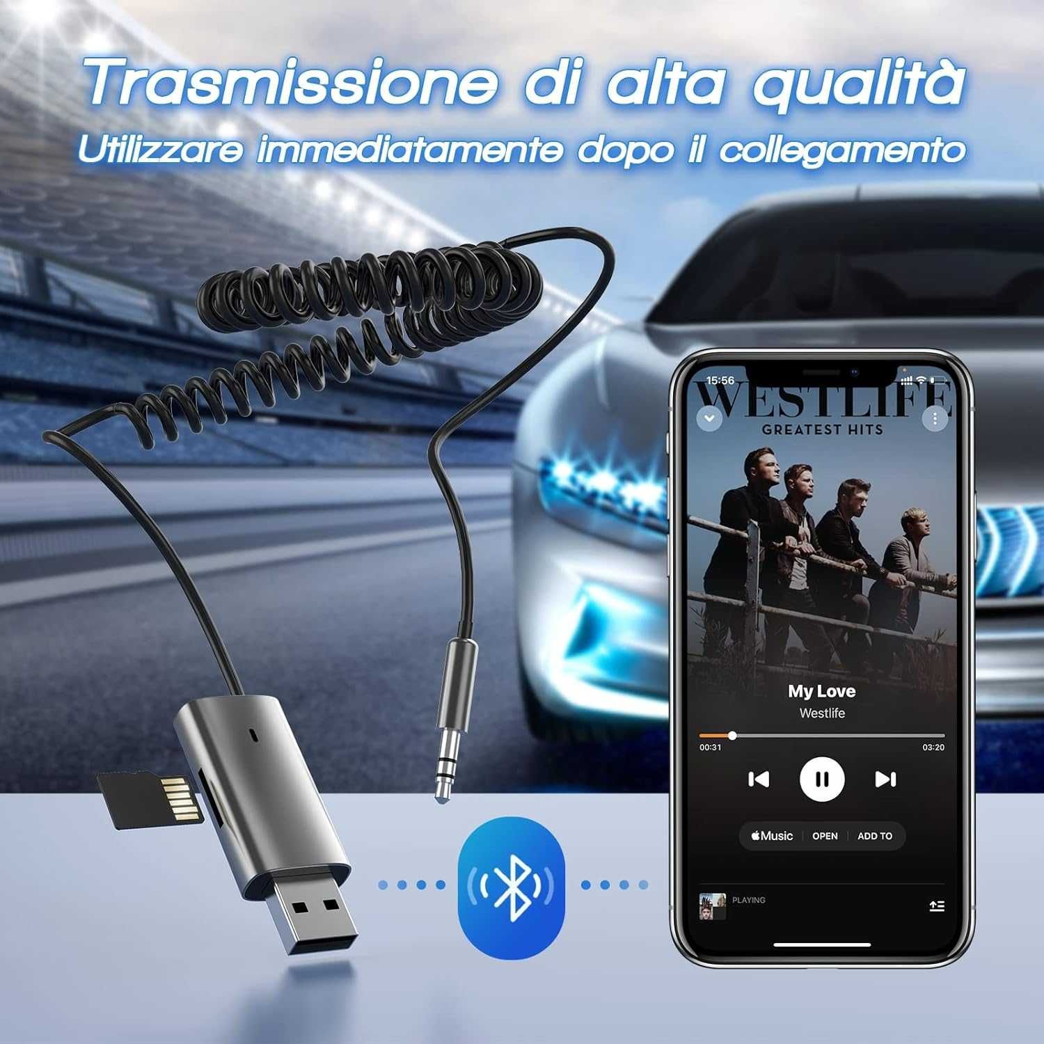 Bluetooth 5.1 приемник с микрофон, TF карта, USB и AUX връзка, за кола