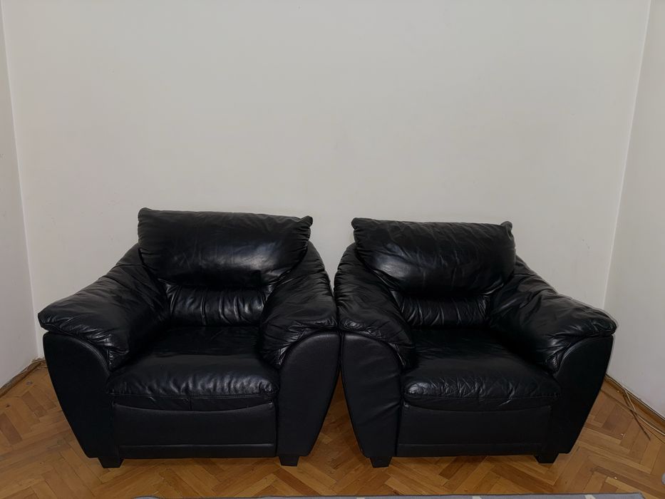 Set canapea + 2 fotolii din piele naturala neagra