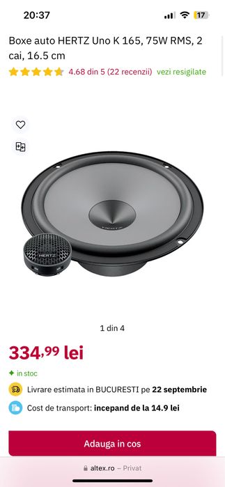 Boxe auto HERTZ 2 set-uri ,Uno K 165 , 75w RMS 2 cai , 16.5 cm