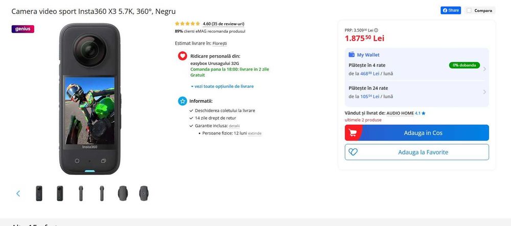 Camera video sport Insta360 X3 5.7K, 360°, Negru