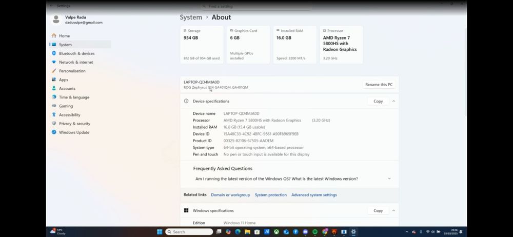 Laptop ASUS ROG Zephyrus G14 RTX 3060 6gb si Ryzen 7 5800hs