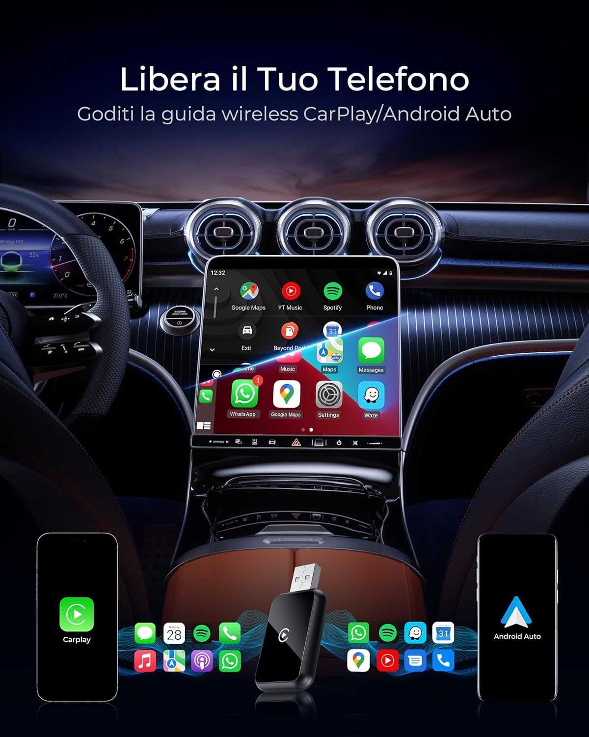 WityEye Carplay iOS10+ Android 11+, Bluetooth V5.3, 5,8GHz WiFi/USB CA