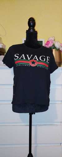 Tricou Savage negru, stil Gucci cu capse pe laterale