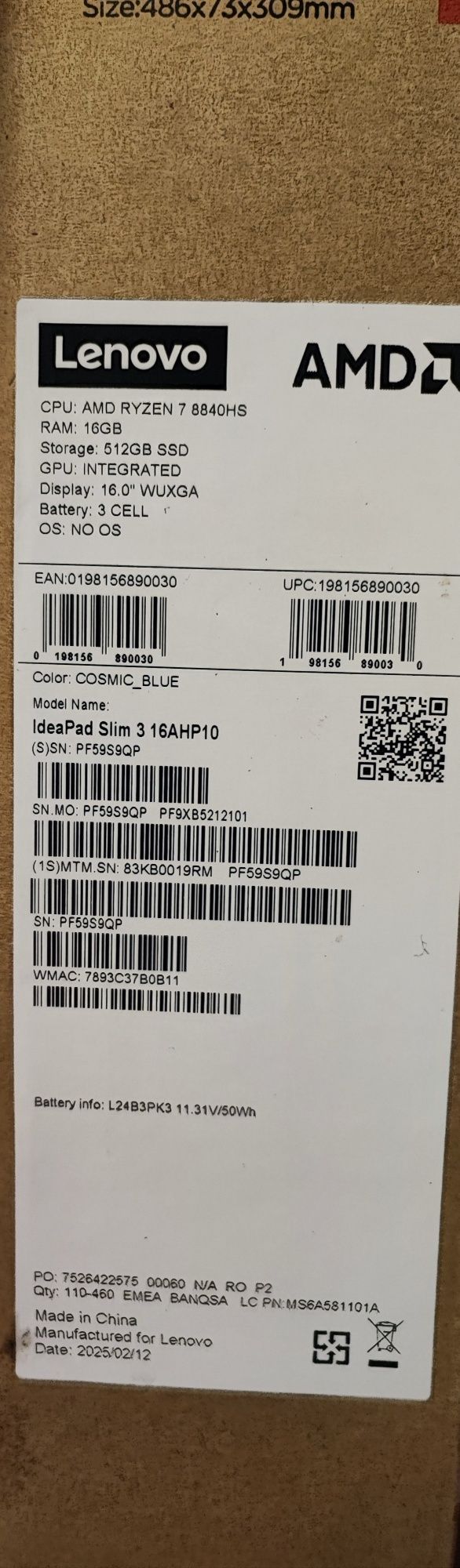 LENOVO IdeaPad Slim3 16AHP10 Ryzen7 8840HS 16"FHD 16GB SSD512 !