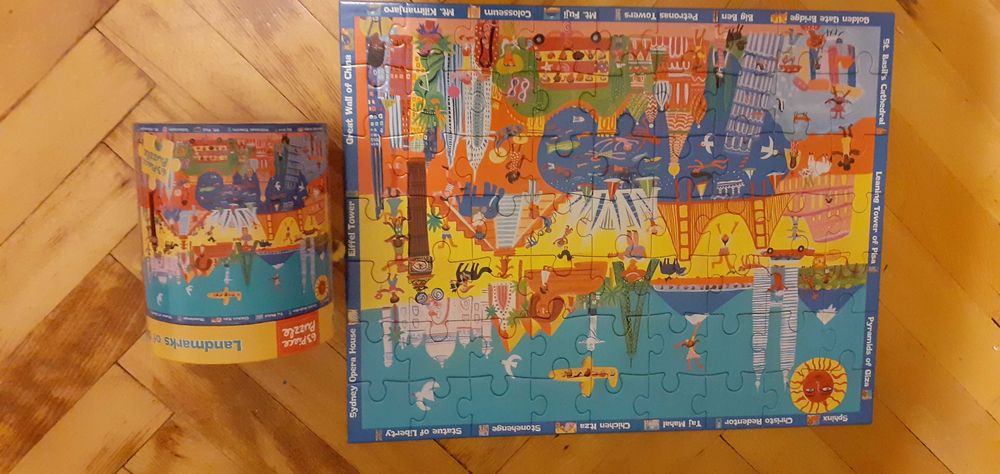 Английски пъзел със световни забележителности, в кръгла кутия