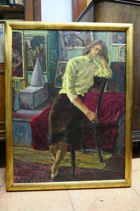 P. Kovacs - Femeie rezemata pe Scaun in Interior Ulei/ Panza 70/50cm