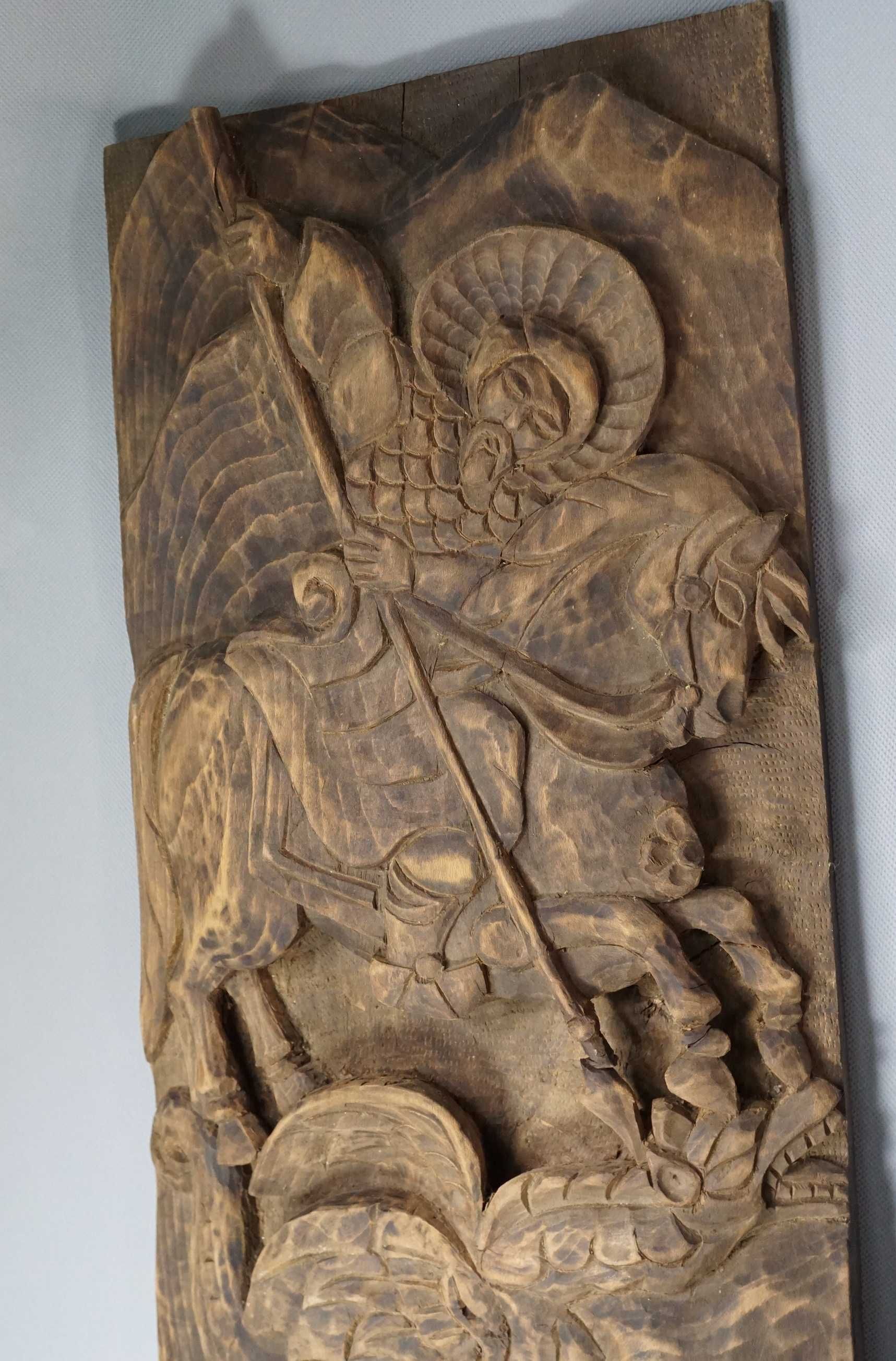 Стара Ръчно направена дърворезба икона Свети Георги