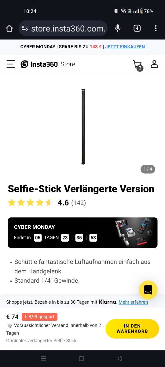 Insta 360 selfie stick