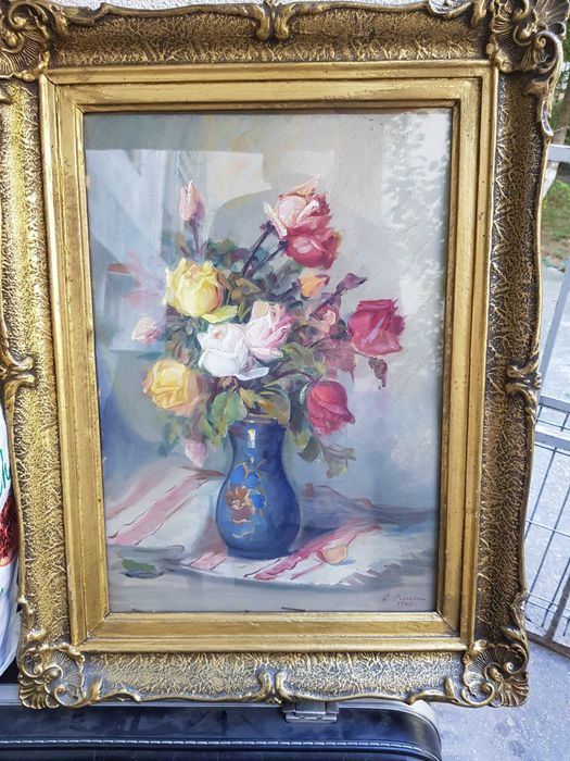 Flori de Constantin Paun - 60/40cm Ulei Pe Carton Datat 1941 Rama lemn